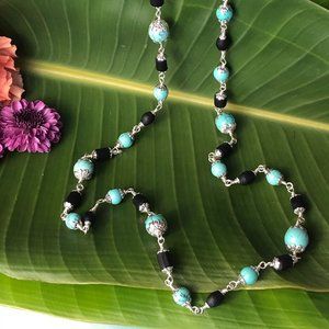 29  3/4" black Tulasi with turquoise beads (gemstone of Venus)